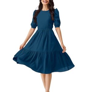 TRENDMALLS Dress for Women Cotton Blend Round Neck Half Puff Sleeve Flared Pleated Midi Western Dress