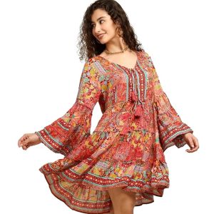KE KANHA EXPORTS Short Dress for Women's & Girls Unique Border Design & Tassel, Adjustable Drawstring, Stretchable, Free Size,fit Flared Floral Print V-Neck Western Dresses All Seasons